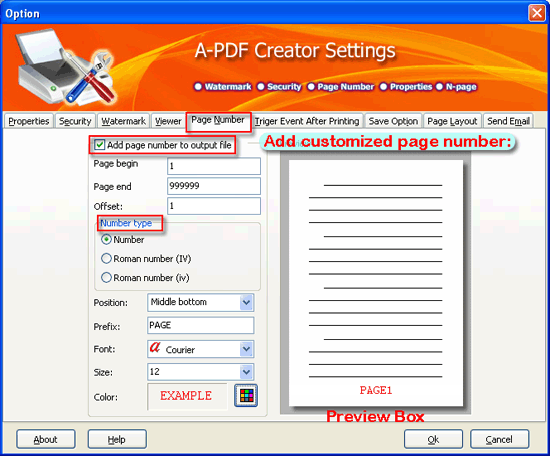a-pdf creator setting for page number